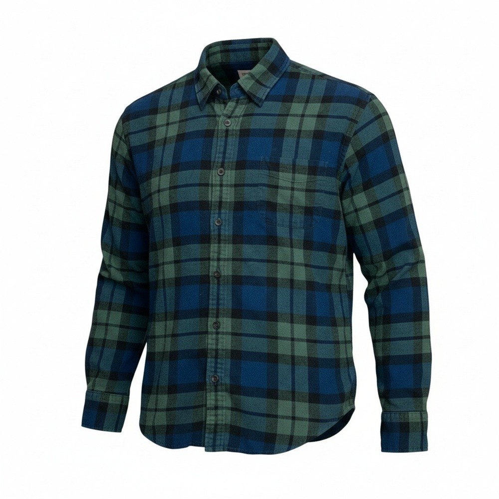 J. Crew Mens Button Up Flannel Shirt Size XL Forest‎ Green Blue Outdoors Cozy